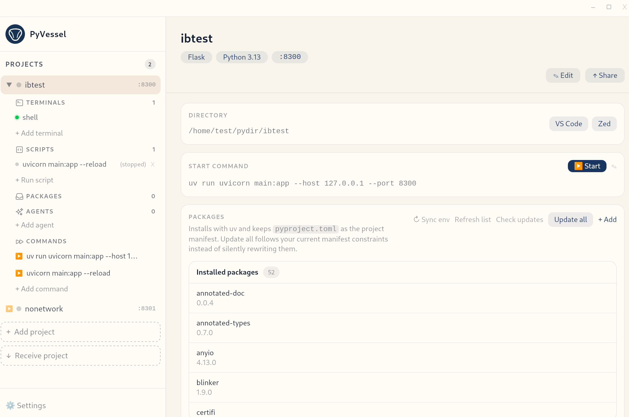 PyVessel desktop app showing project overview, commands, terminals, and package management.