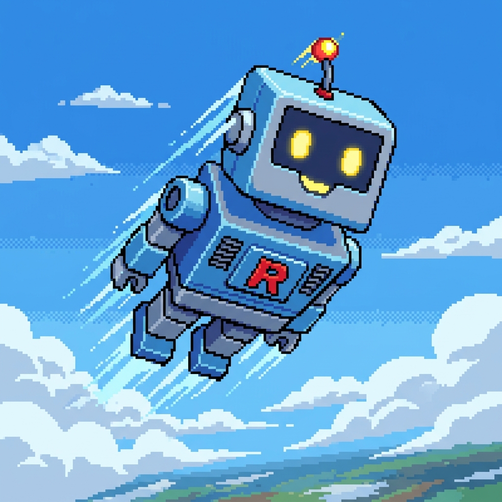 Blue PyVessel robot illustration flying through a bright sky.
